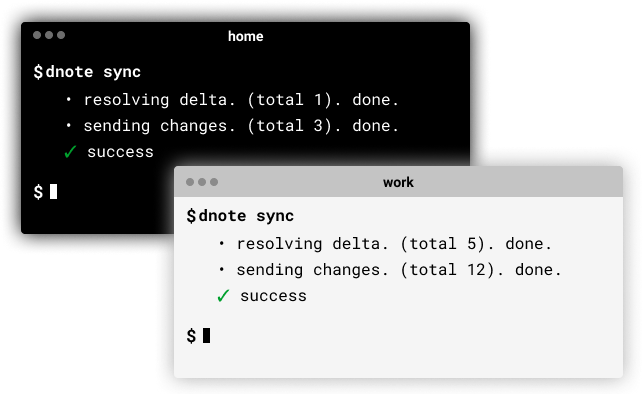 Two terminal windows, one from home and the other from work, synchronizing data between them.